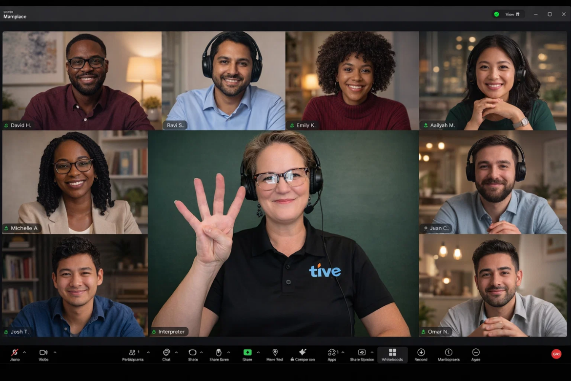 Screenshot of a video conference in grid view with nine participants. Everyone is smiling; the central tile shows a woman wearing a headset and glasses, holding up four fingers, with a “Tive” logo on her shirt. Name labels appear on each tile, and a meeting control bar runs along the bottom.