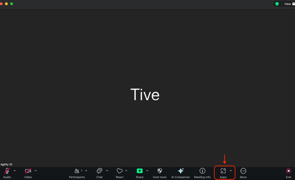 Zoom meeting window with the Apps button highlighted.