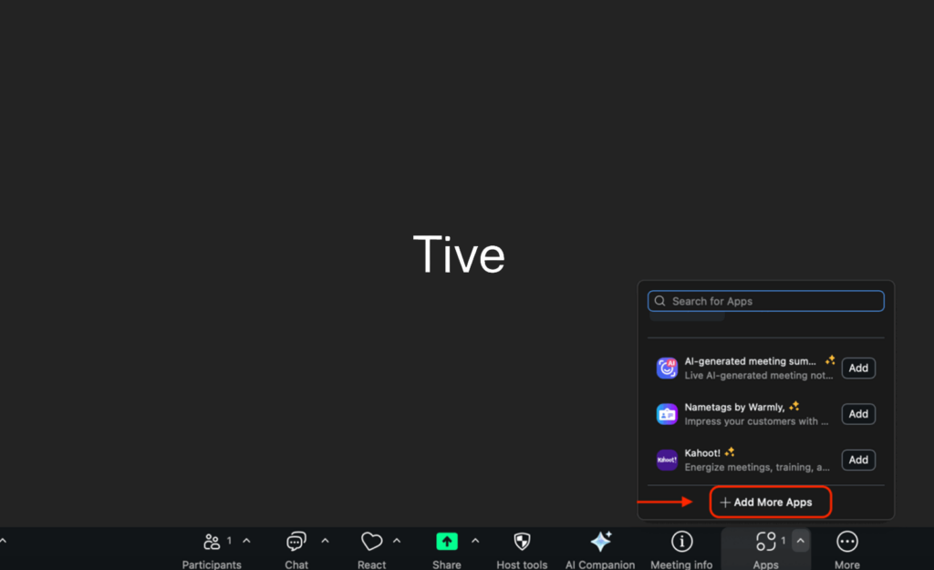 Zoom Apps drawer with Add More Apps highlighted.