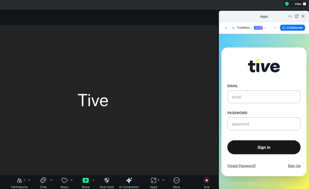 Zoom meeting with the Tive sign-in panel open.