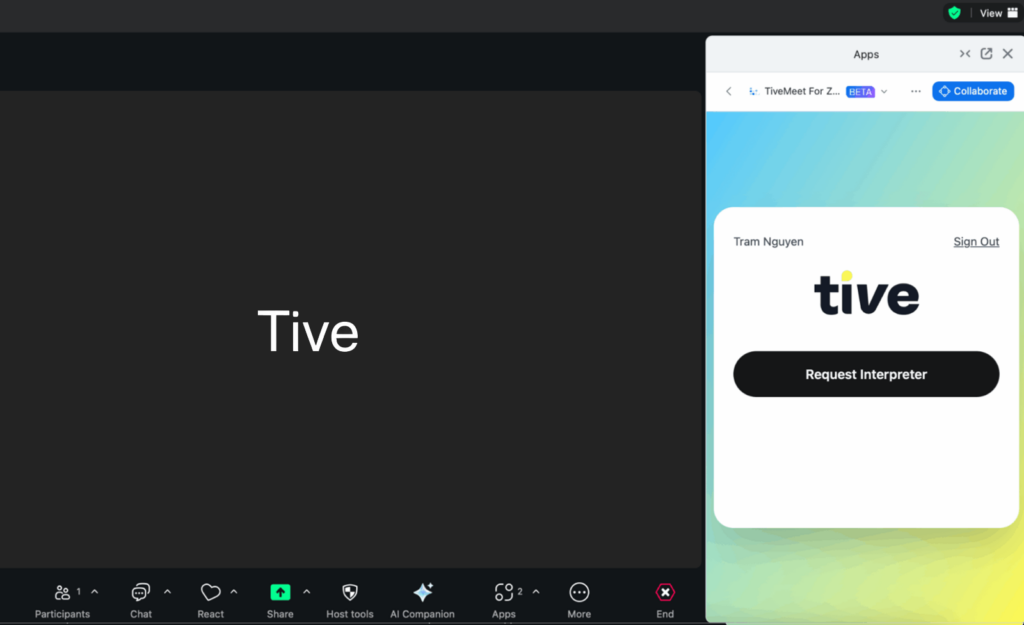 Zoom meeting with the Request Interpreter button visible.