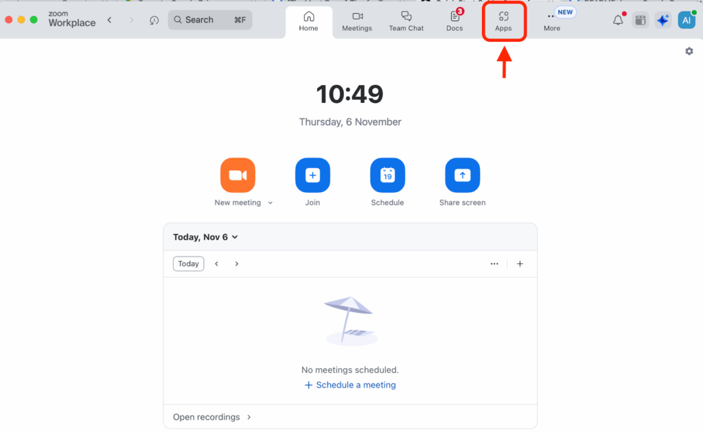 Zoom home screen with the Apps tab highlighted.