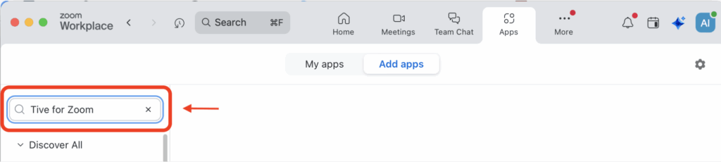 Zoom Apps search field with Tive for Zoom entered.
