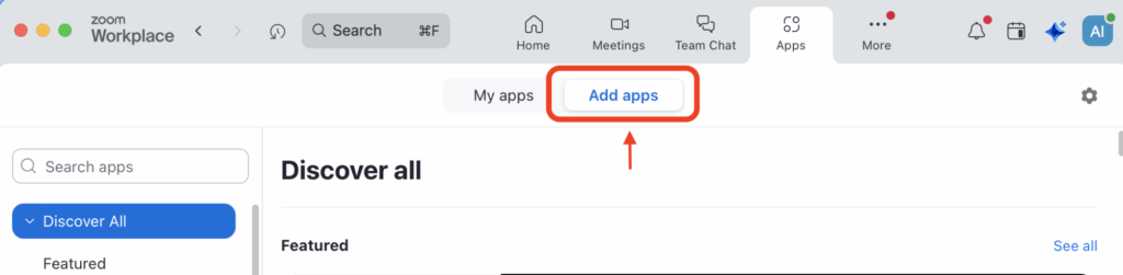 Zoom Apps page with Add apps highlighted.