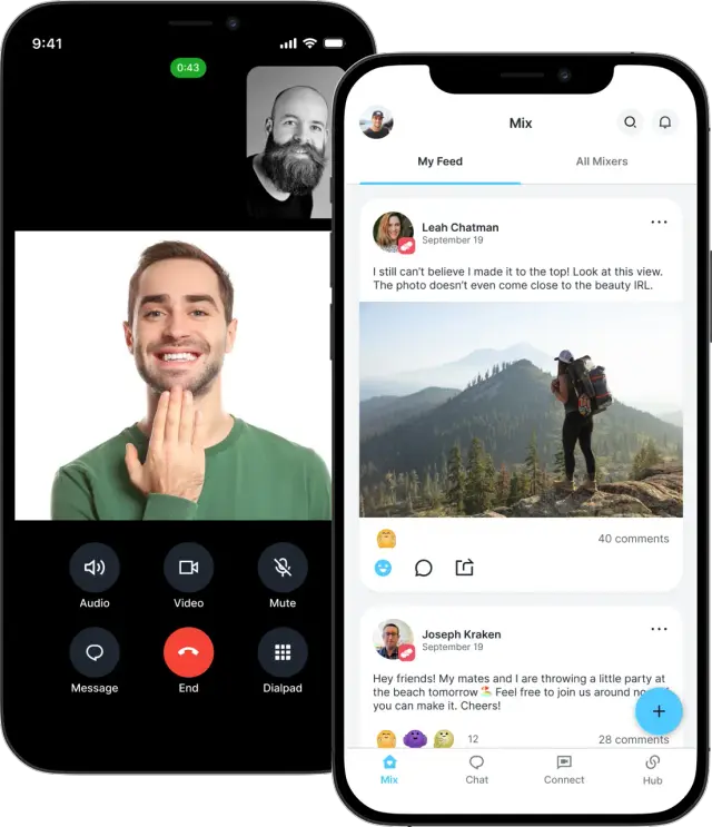 Two mobile app mockups for a social feed and video call.