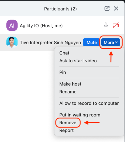 Zoom participants panel with Remove option highlighted for the interpreter.