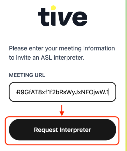 Tive app screen with the Request Interpreter button highlighted.